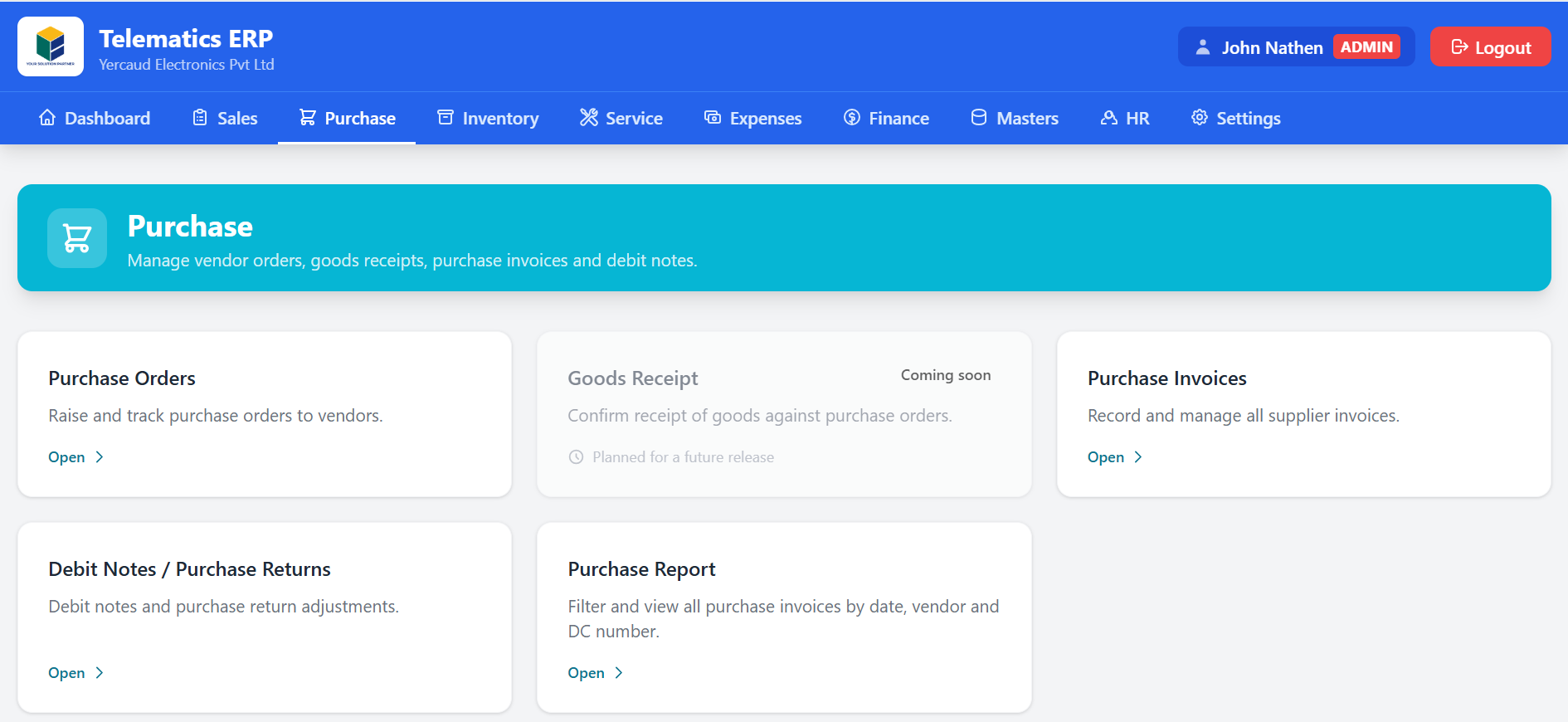 AuraPrime ERP purchase module with purchase orders, supplier invoices, debit notes and purchase reports
